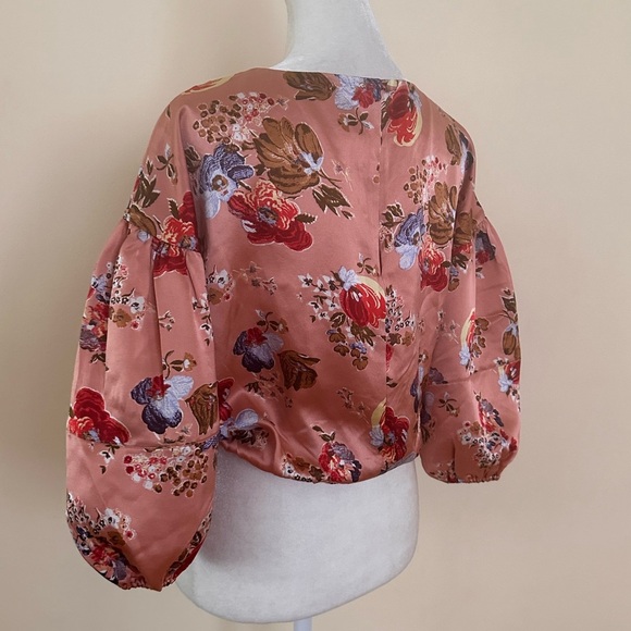 Cinq a Sept Pascale Silk Top Floral Pink Elastic Cuff Front Hem Tie - Picture 6 of 9
